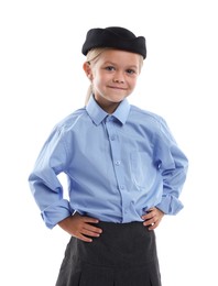 Photo of Choice of profession. Little girl pretending to be stewardess on white background