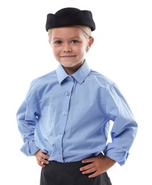 Photo of Choice of profession. Little girl pretending to be stewardess on white background