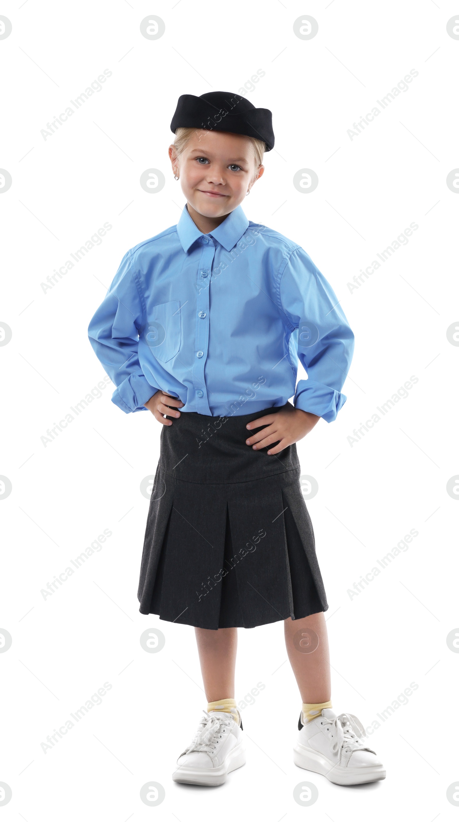 Photo of Choice of profession. Little girl pretending to be stewardess on white background