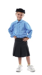 Photo of Choice of profession. Little girl pretending to be stewardess on white background