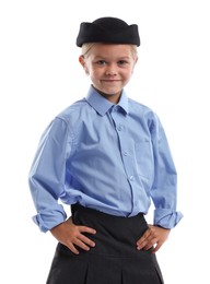 Photo of Choice of profession. Little girl pretending to be stewardess on white background