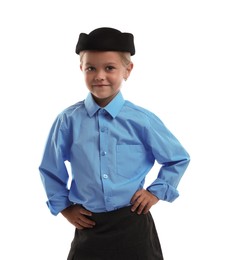 Photo of Choice of profession. Little girl pretending to be stewardess on white background