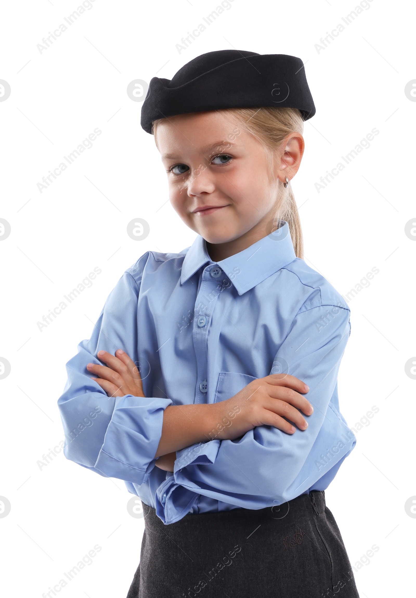 Photo of Choice of profession. Little girl pretending to be stewardess on white background