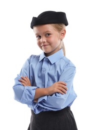 Photo of Choice of profession. Little girl pretending to be stewardess on white background