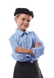 Photo of Choice of profession. Little girl pretending to be stewardess on white background