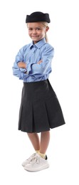 Photo of Choice of profession. Little girl pretending to be stewardess on white background