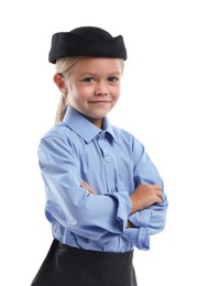 Photo of Choice of profession. Little girl pretending to be stewardess on white background