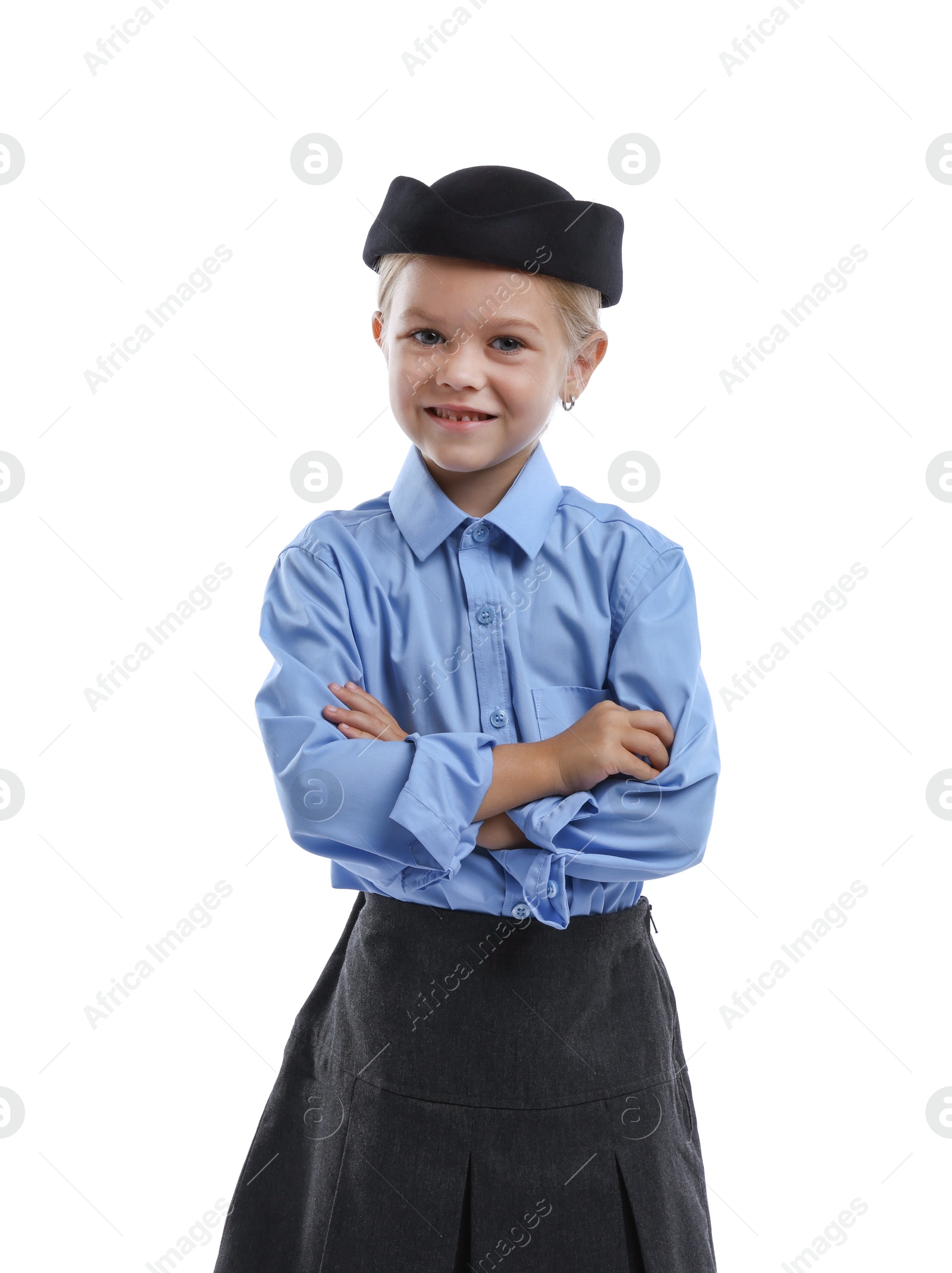 Photo of Choice of profession. Little girl pretending to be stewardess on white background
