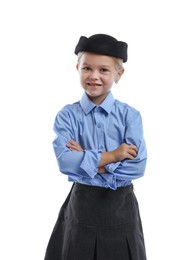 Photo of Choice of profession. Little girl pretending to be stewardess on white background