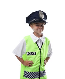 Photo of Choice of profession. Little girl in uniform pretending to be policewoman on white background