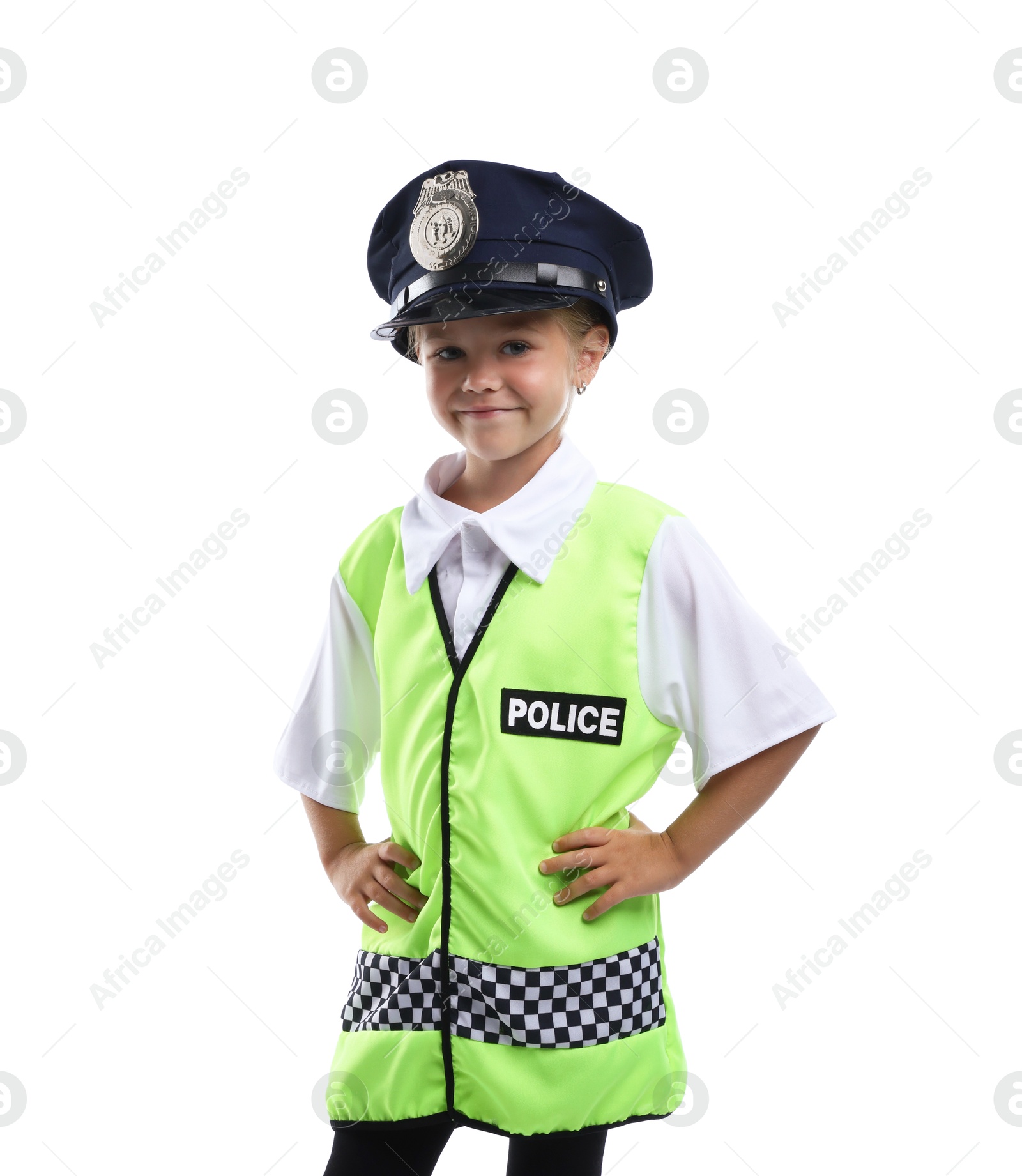 Photo of Choice of profession. Little girl in uniform pretending to be policewoman on white background