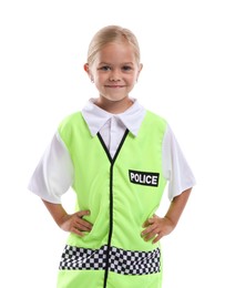 Photo of Choice of profession. Little girl in uniform pretending to be policewoman on white background