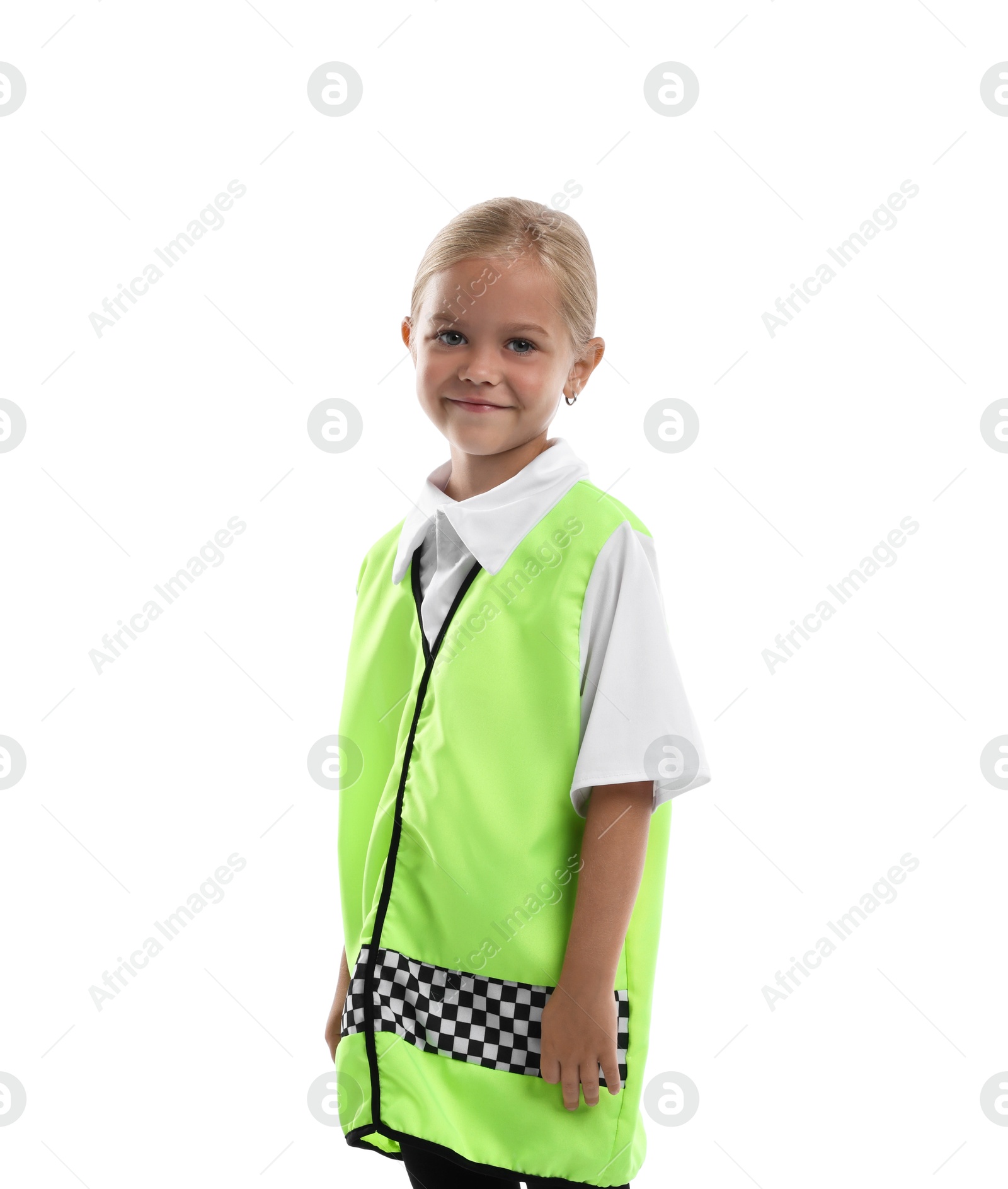 Photo of Choice of profession. Little girl in uniform pretending to be policewoman on white background