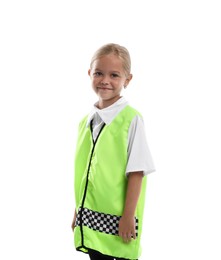 Photo of Choice of profession. Little girl in uniform pretending to be policewoman on white background