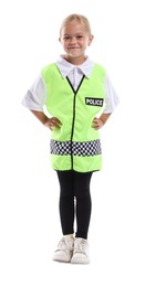 Photo of Choice of profession. Little girl in uniform pretending to be policewoman on white background