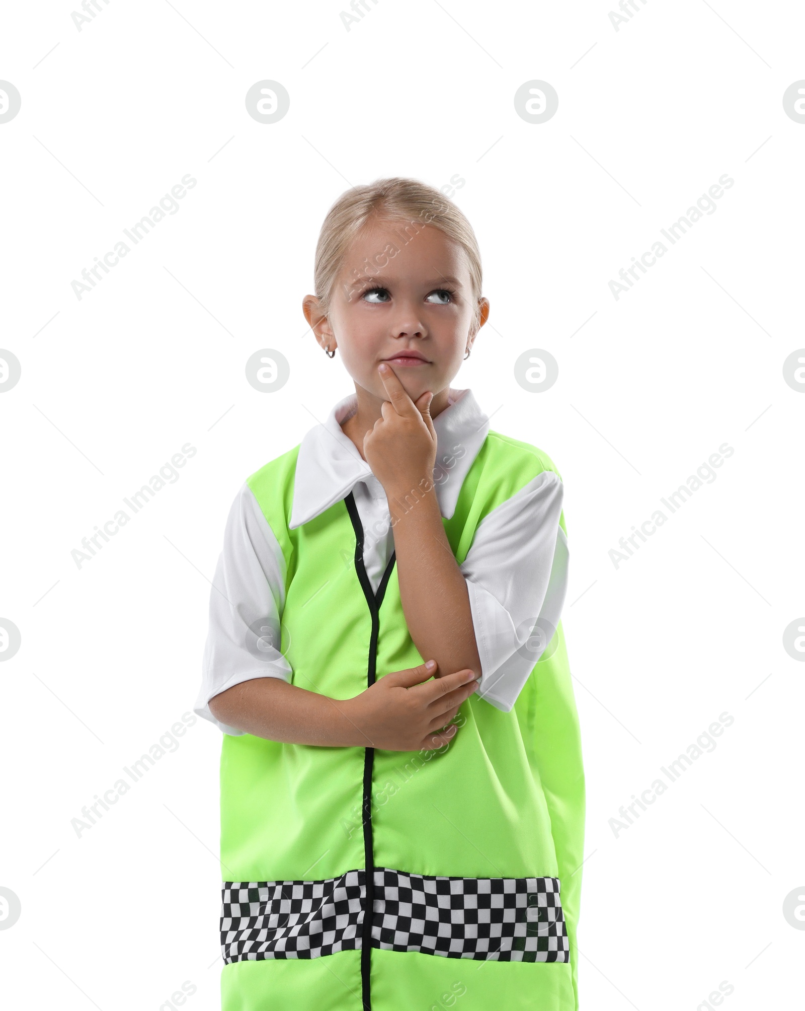 Photo of Choice of profession. Little girl in uniform pretending to be policewoman on white background
