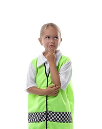 Photo of Choice of profession. Little girl in uniform pretending to be policewoman on white background