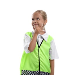 Photo of Choice of profession. Little girl in uniform pretending to be policewoman on white background