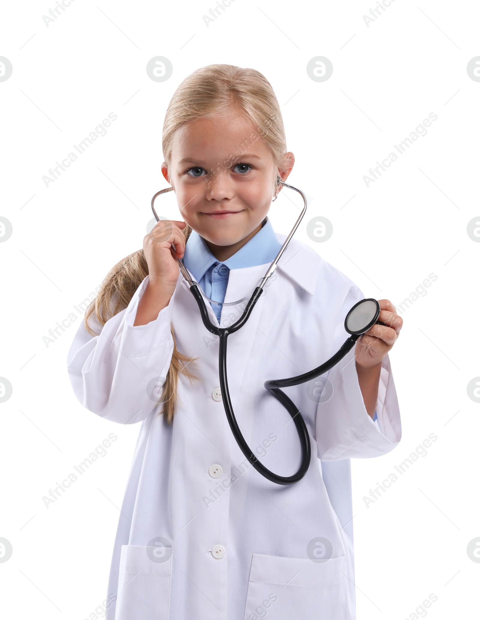Photo of Choice of profession. Little girl with stethoscope pretending to be doctor on white background