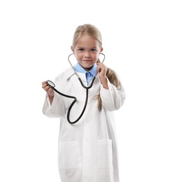 Photo of Choice of profession. Little girl with stethoscope pretending to be doctor on white background