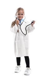 Photo of Choice of profession. Little girl with stethoscope pretending to be doctor on white background
