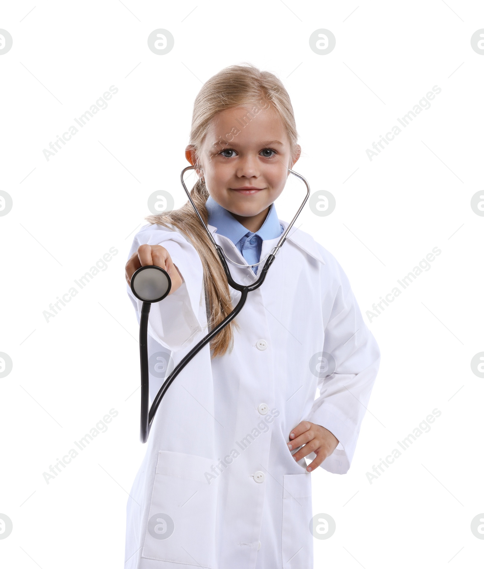 Photo of Choice of profession. Little girl with stethoscope pretending to be doctor on white background