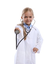 Photo of Choice of profession. Little girl with stethoscope pretending to be doctor on white background