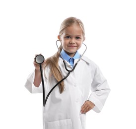 Photo of Choice of profession. Little girl with stethoscope pretending to be doctor on white background