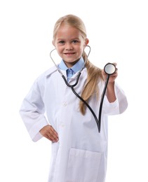 Photo of Choice of profession. Little girl with stethoscope pretending to be doctor on white background