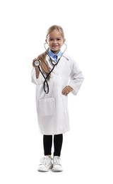 Photo of Choice of profession. Little girl with stethoscope pretending to be doctor on white background