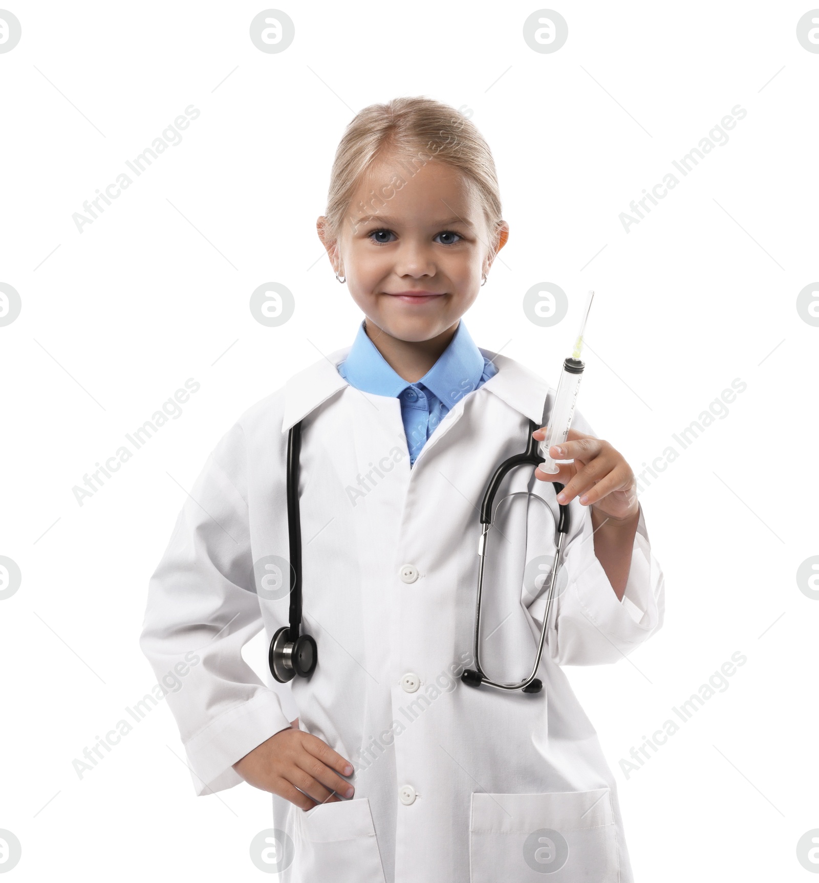 Photo of Choice of profession. Little girl with stethoscope and syringe pretending to be doctor on white background