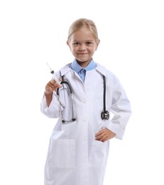 Photo of Choice of profession. Little girl with stethoscope and syringe pretending to be doctor on white background