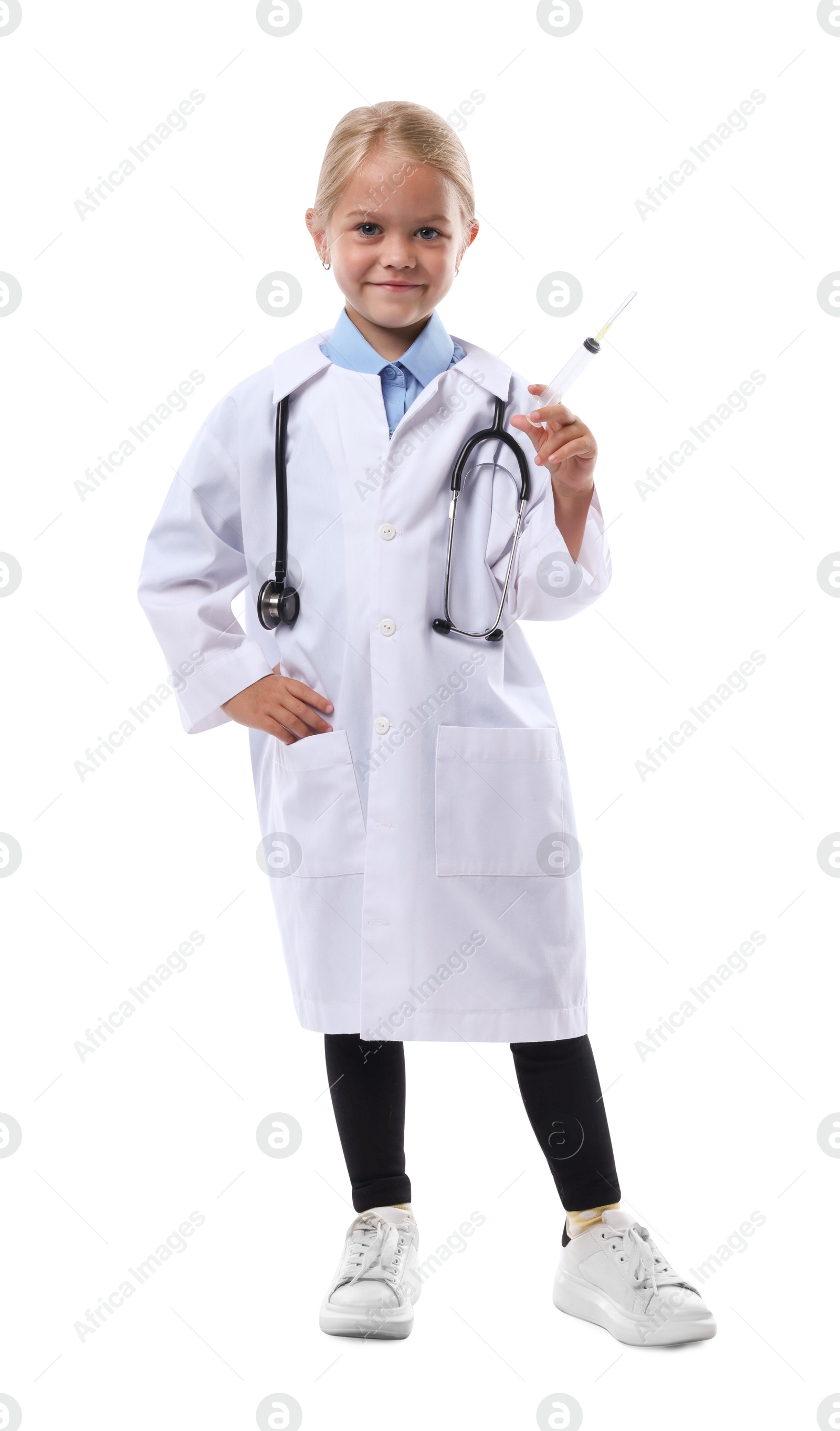 Photo of Choice of profession. Little girl with stethoscope and syringe pretending to be doctor on white background