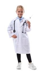 Photo of Choice of profession. Little girl with stethoscope and syringe pretending to be doctor on white background