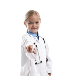 Photo of Choice of profession. Little girl with stethoscope and syringe pretending to be doctor on white background