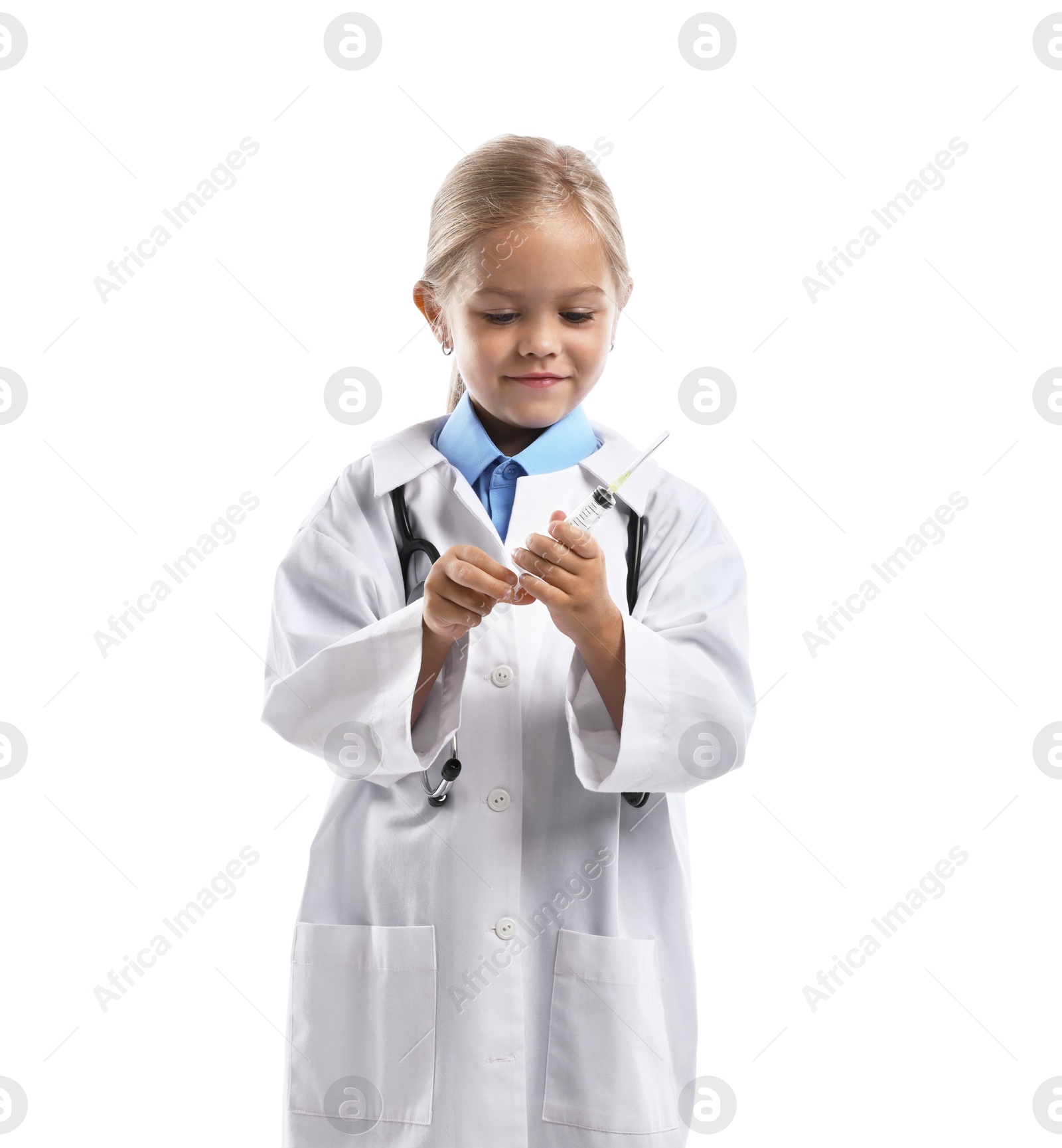 Photo of Choice of profession. Little girl with stethoscope and syringe pretending to be doctor on white background