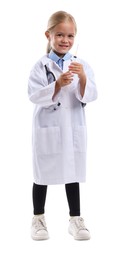 Photo of Choice of profession. Little girl with stethoscope and syringe pretending to be doctor on white background
