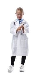 Photo of Choice of profession. Little girl with stethoscope and syringe pretending to be doctor on white background