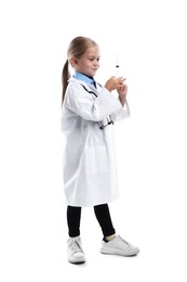 Photo of Choice of profession. Little girl with stethoscope and syringe pretending to be doctor on white background