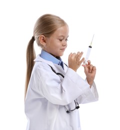 Photo of Choice of profession. Little girl with stethoscope and syringe pretending to be doctor on white background