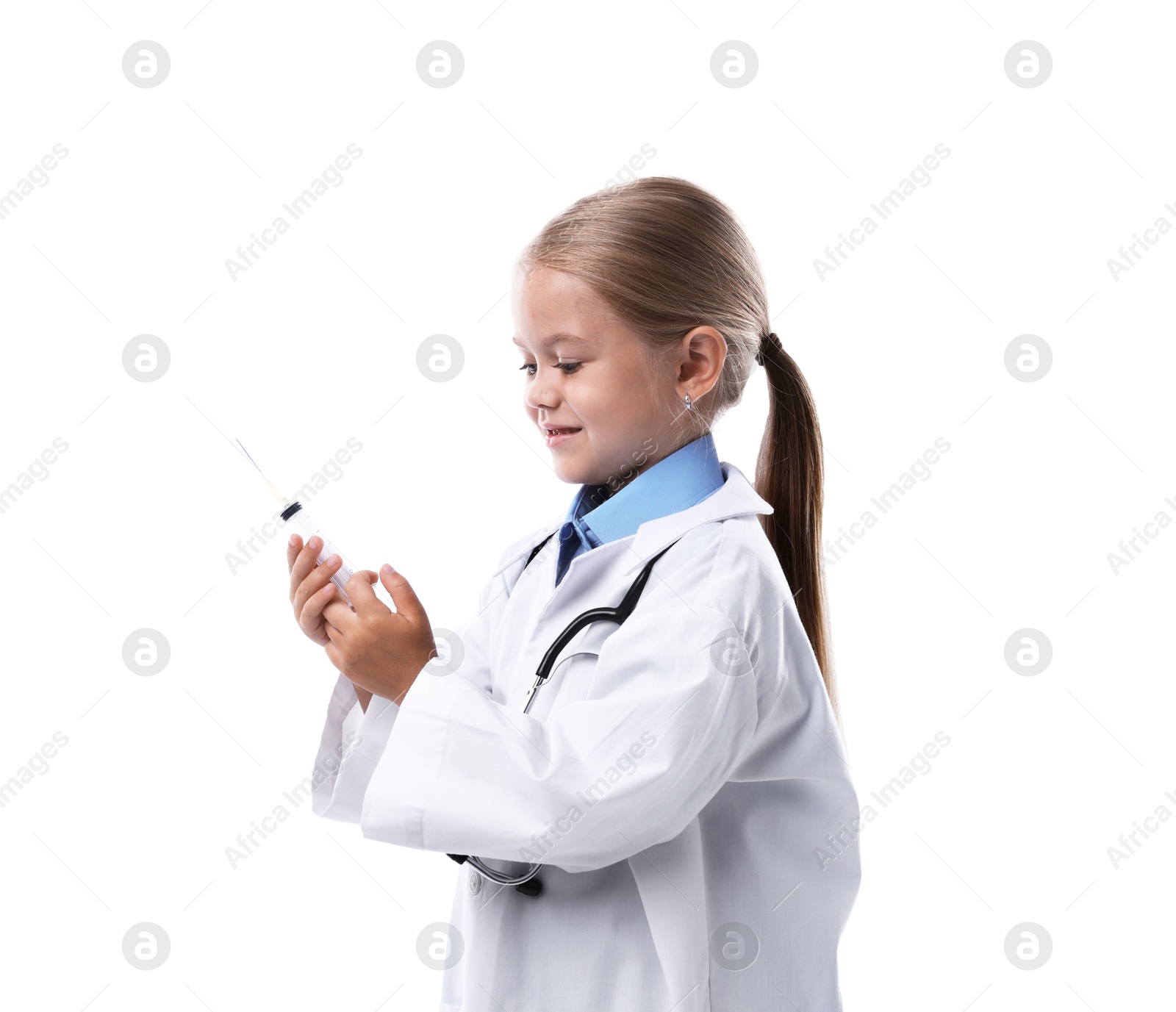 Photo of Choice of profession. Little girl with stethoscope and syringe pretending to be doctor on white background