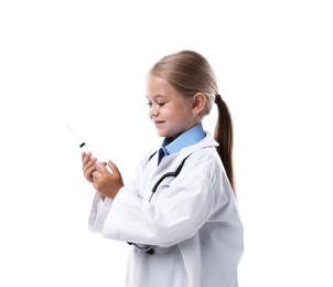 Photo of Choice of profession. Little girl with stethoscope and syringe pretending to be doctor on white background