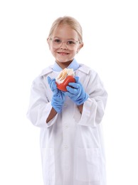 Photo of Choice of profession. Little girl with dental model pretending to be dentist on white background