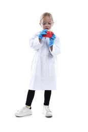 Photo of Choice of profession. Little girl with dental model pretending to be dentist on white background