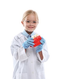 Photo of Choice of profession. Little girl with dental model pretending to be dentist on white background