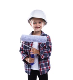 Photo of Choice of profession. Little girl in hard hat with roller pretending to be painter on white background