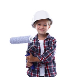 Photo of Choice of profession. Little girl in hard hat with roller pretending to be painter on white background