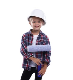 Photo of Choice of profession. Little girl in hard hat with roller pretending to be painter on white background