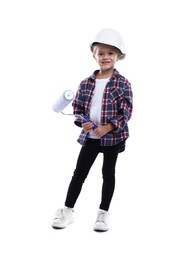 Photo of Choice of profession. Little girl in hard hat with roller pretending to be painter on white background