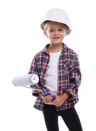 Photo of Choice of profession. Little girl in hard hat with roller pretending to be painter on white background